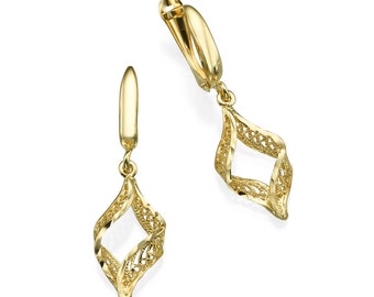 Yeminite Filigree 14k Gold Drop Earrings, Handmade Gold Earrings, Israeli Jewelry, Valentine&#39;s Gift, Mothers Day Gift, Gifts for Her
