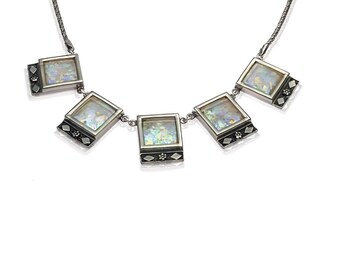 Collar de cristal romano, collar de plata de ley, collar romano, collar cuadrado, collar llamativo, cuadrados con estampado oxidado