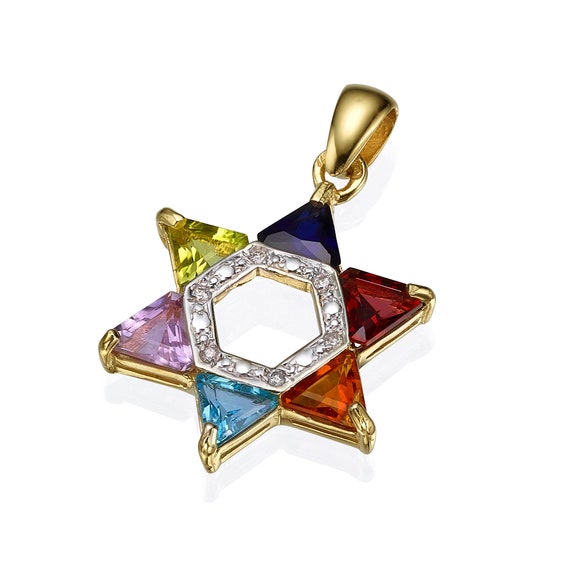 Multicolored 14k Gold Star of David Pendant With Diamonds Semi
