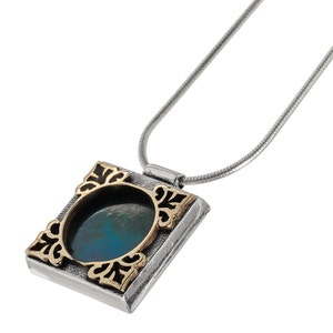 Eilat Stone Sterling Silver Necklace, Silver with 14k Gold Design Israel Eilat Stone Pendant and Chain, Israeli Teal Gemstone Necklace
