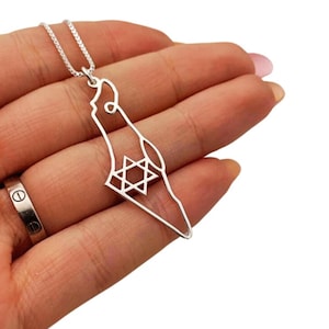 Map of Israel with Star of David 925 Sterling Silver Minimalist Pendant and Chain, Outline Country of Israel Jewish Necklace, Support Israel