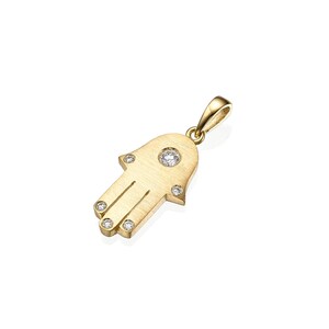 18k Gold Hamsa Pendant, Diamond Hamsa Hand, Solid 18kt Gold Pendant, Brushed Satin Modern Hamsa Pendant, Jewish Protection Charm