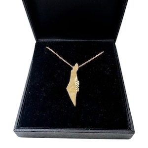 Map of Israel 14K Brushed Gold Pendant, State of Israel Necklace Charm Israeli Map, Diamond-cut Accent on Dead Sea, Made in Jerusalem