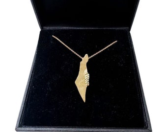 Map of Israel 14K Brushed Gold Pendant, State of Israel Necklace Charm Israeli Map, Diamond-cut Accent on Dead Sea, Made in Jerusalem