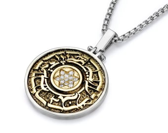 This Too Shall Pass Hebrew Necklace in Silver & Gold with Diamond Accents  - Symbolic Jewelry for Hope and Strength, Israeli Jewish Jewelry