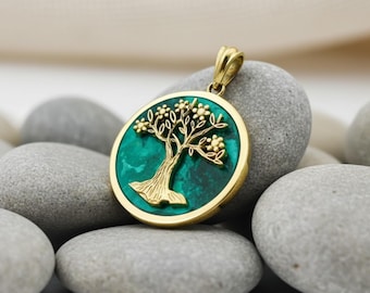 Israeli Eilat Stone Tree of Life 14k Gold Pendant, King Solomon Stone, Lucky Charm Growth Pendant, Torah symbol