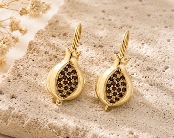 Garnet Pomegranate Earrings, 14k Solid Gold, Rosh Hashanah Gift, Abundance & Prosperity Charm
