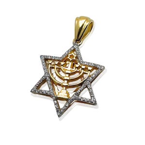 Diamond Studded Magen David and Menorah Pendant in 14k Gold, Jewish Star of David Menorah Pendant, Natural Diamonds, Judaica Jewelry Israel
