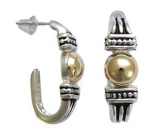 Yemenite Hook Earrings, Oxidized Sterling Silver and 14k Gold Open Hoop Earrings, Ethnic Style Earrings, Authentic Israeli Yemeni Earrings