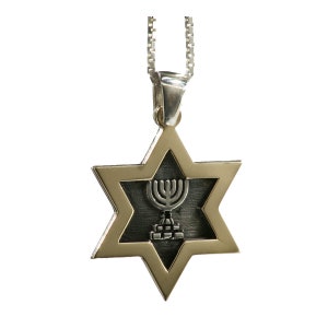 Menorah Star of David Gold and Silver Pendant, Jewish Charm, Jewish Star Pendant, Menorah Pendant, Oxidized Silver, Handmade Jewish Jewelry