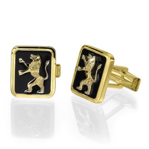 Lion of Judah Black Onyx Cufflinks in 14K Gold, Gold and Black Cuff Links, Strength & Courage, Men's Israeli Jewelry, Jewish Gift for Him