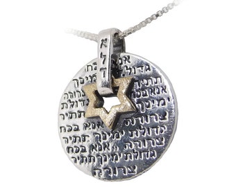 May include: A silver pendant necklace with a round charm featuring a Star of David and Hebrew text. The charm is attached to a silver chain.