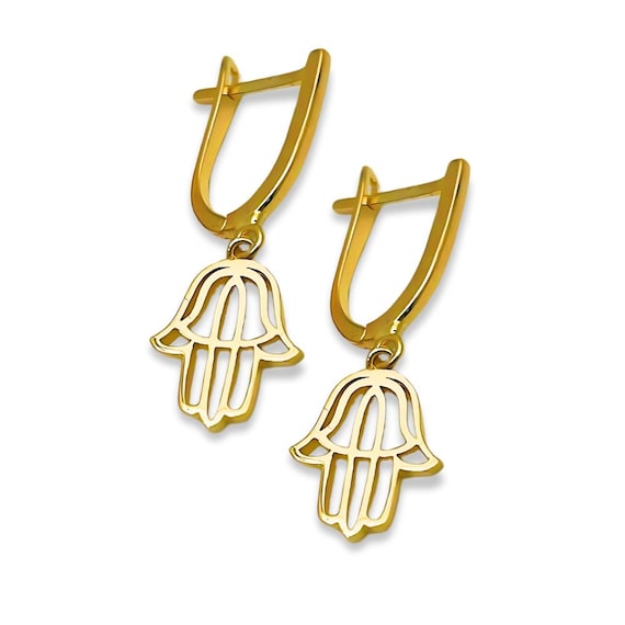 Hamsa Dangling Earrings in 14k Gold, Leverback Clasp Minimalist