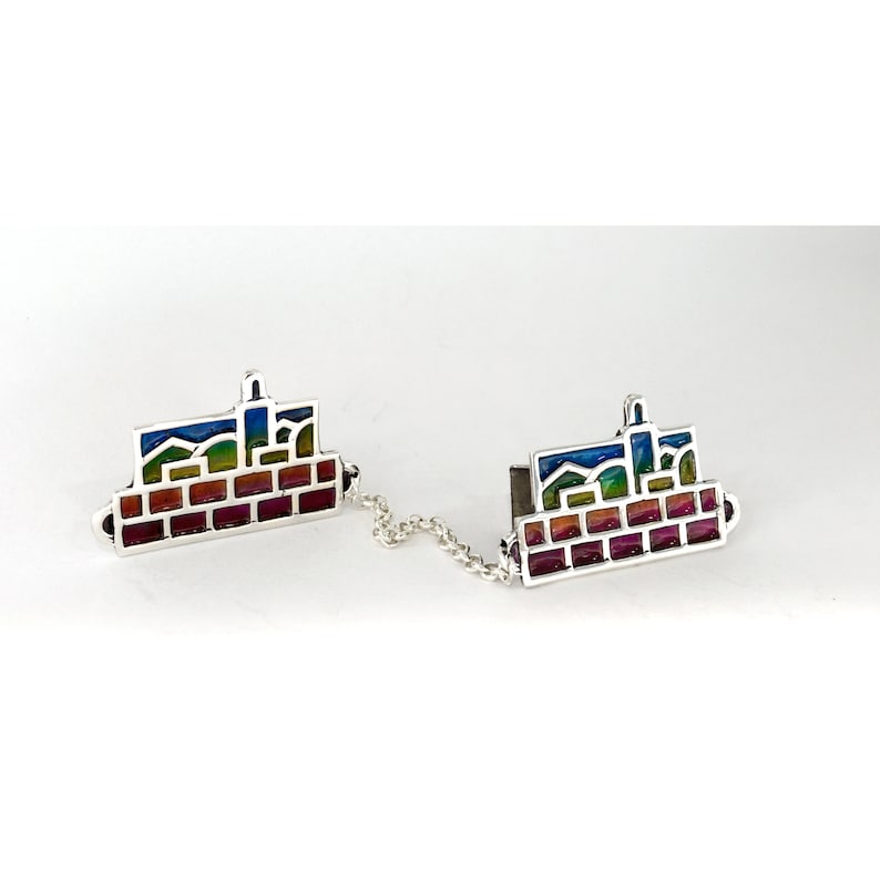Jerusalem Tallit Clips, Sterling Silver Talit Clip, Colorful Enamel Prayer Shawl Clips, Western Wall Jewish Jewelry, Bar Mitzvah Gift