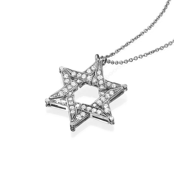 Butterfly Star of David Necklace 14K White Gold, Expandable Star of David, Jewish Star Diamond Necklace, Solid Gold Magen David Necklace