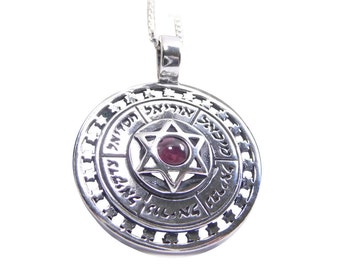 Garnet Kabbalah Pendant in Sterling Silver, Star of David, Names of Angels Hebrew Pendant, Genuine Garnet, Jewish Magen David Jewelry