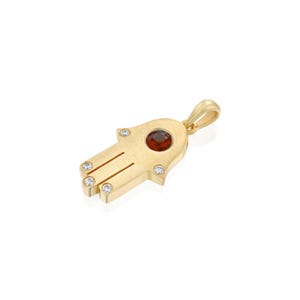 Ruby Hamsa Pendant, 18k Solid Gold Hamsa Hand, Diamond and Ruby Pendant, Hand of Fatima Protection Charm, Jewish Jewelry, July Birthstone