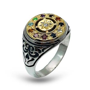 Hoshen Ring in 14K Gold and 925 Sterling Silver & Natural Gemstones, Choshen Round Signet Ring, Jewish Judaica Jewelry, 12 Tribes of Israel