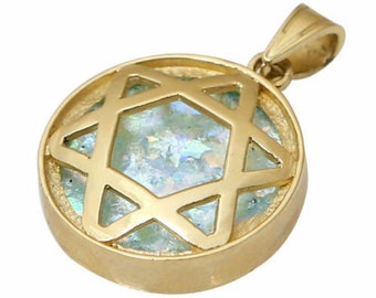 Roman Glass Pendant, Jewish Star Necklace Pendant, 14k Gold Pendant, Domed Star of David Medium Pendant, Roman Glass Jewelry, Israel Jewelry