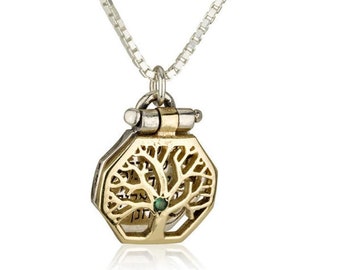 Kabbalah Tree of Life Priestly Blessing Necklace, 14K Gold 5 Metals with Emerald, Classic Jewish Kabbala Pendant, Tree of Knowledge Gift