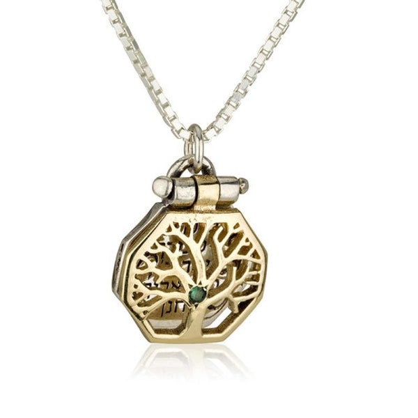 Kabbalah Tree of Life Priestly Blessing Necklace, 14K Gold 5 Metals with Emerald, Classic Jewish Kabbala Pendant, Tree of Knowledge Gift