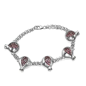 Pomegranate Bracelet Sterling Silver with Garnets, Handmade Israeli Jewelry, Jewish Symbol of Abundance & Prosperity, Judaica Gift for Her