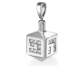 14k Gold Dreidel Charm, Hanukkah Diamond Pendant, Diamond Studded Israeli Dreidel Pendant, Hanukkah Jewelry, White Gold Necklace Charm