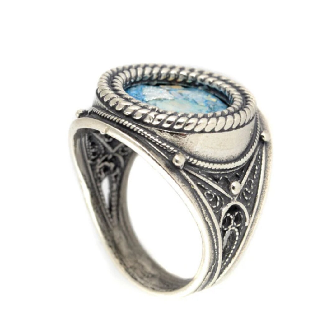 Roman Glass Ring in Ornate Sterling Silver, Medieval Ring, Israeli ...