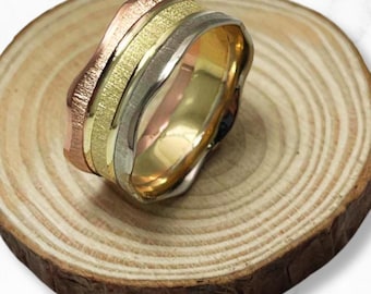 Tricolor Gold Wedding Band, Solid 14k Gold Ring, Brushed Gold Ring, Wavy Wedding Ring, Striped Three Color Gold Ring, Wide Wedding Band
