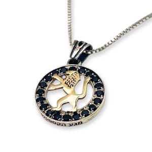 Lion of Judah Round Kabbalah Necklace in 9K Gold, Sterling Silver and Black Zircons, Tribe of Judah, Jewish Jewelry, Israel Strength & Power