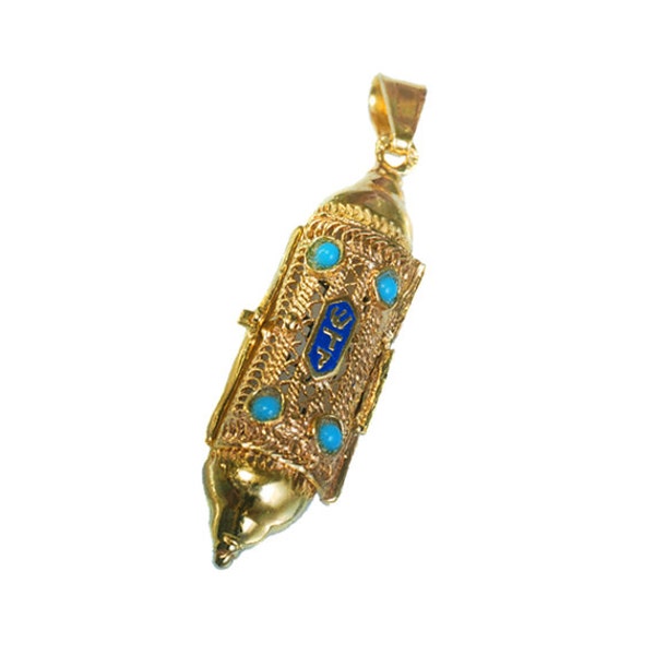 Mezuzah Pendant in 14K Gold Filigree, Blue Turquoise Mezuzah Necklace, Solid 14k Gold Torah Scroll Pendant, Hebrew Pendant, Jewish Jewelry