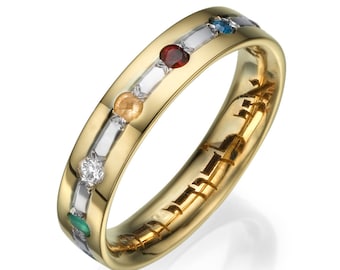 Gold Hoshen Ring, Hebrew Wedding Band, 14k Two Tone Gold Ani Ledodi Ring, Precious Stones Wedding Band, Yellow & White Gold Jewish Ring
