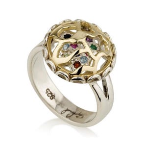 Choshen Secret of Fortune Ring in 14K Yellow Gold and Silver, 12 Hoshen Gems, Jewish Ring, Priestly Breastplate, Jewish Jewelry from Israel