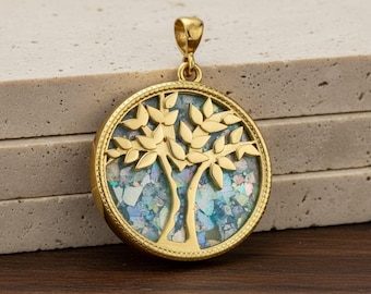 Roman Glass Tree of Life Pendant in 14K Gold, Authentic Archaeological Roman Glass Necklace, Handmade Israeli Jewelry, Statement Piece