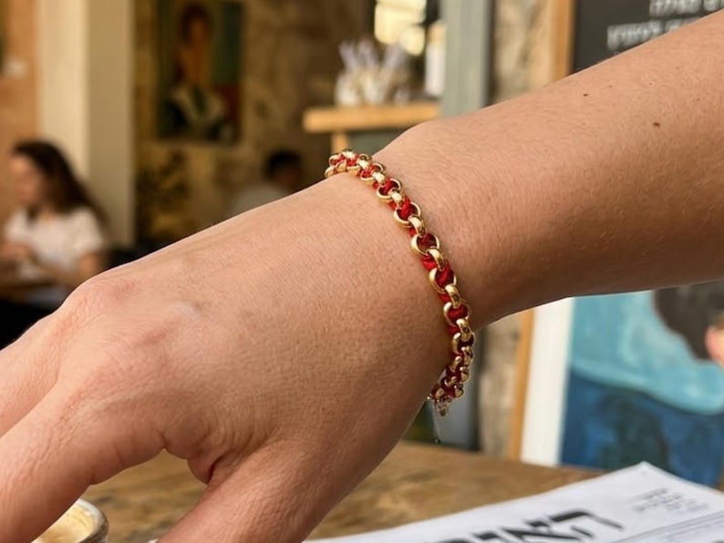 14K Gold Good Luck Bracelet from Israel, Woven Red String Kabbalah Protection, Jewish Jewelry