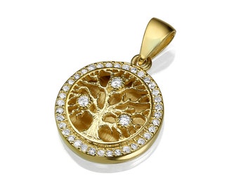 Round Tree of Life Small Pendant With Diamonds in 14K Gold, Classic Jewish Tree of Life Pendant, handmade Jerusalem Jewelry, Book of Torah