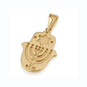 Gold Hamsa Pendant with Menorah, Star of David, Jewish Symbols Pendant, Solid 14k Gold Hand of Fatima Magen David, Handmade Israeli Jewelry