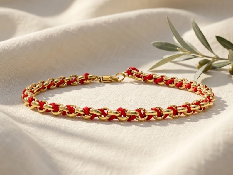 14k Gold Kabbalah Bracelet, Woven Red String Gold Protection Bracelet, Red String Kabbalah Jewish Good Luck Bracelet from Israel