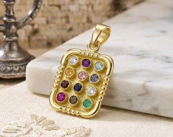14K Gold Hoshen Pendant, 12 Gemstone Pendant for Men for Women, 12 Tribes of Israel