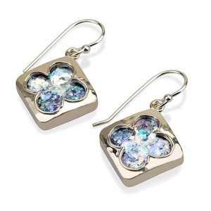 Roman Glass in Sterling Silver Square Earrings, Lucky Clover Earrings, Good Luck Earrings, Roman Glass Jewelry, Historical Relic from Israel