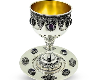 Sterling Silver Kiddush Cup and Plate Set with Amethyst Stones, Silver Filigree Cup with Stem, Passover Gift, Yemenite Artwork from Israel