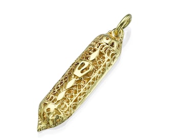 Mezuzah Pendant in 14k Yellow Gold with Filigree, Mezuzah Necklace Charm, Jewish Gift, Judaica Jewelry, Protective Pendant, Israeli Gifts