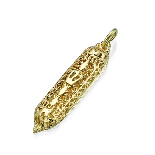 Mezuzah Pendant in 14k Yellow Gold with Filigree, Mezuzah Necklace Charm, Jewish Gift, Judaica Jewelry, Protective Pendant, Israeli Gifts