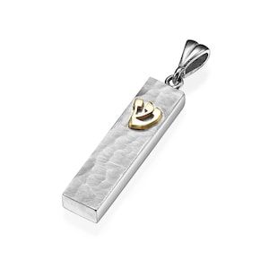 Gold Mezuzah Pendant with Hebrew Shin, 14k Two Tone Gold Mezuzah Necklace Pendant, Hammered Gold Jewish Protection Charm