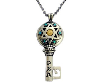 Key Opal Kabbalah Necklace in Sterling Silver & Gold, Genuine Gemstones, Spiritual Kabballah Pendant, Religious Jewelry, Handmade in Israel