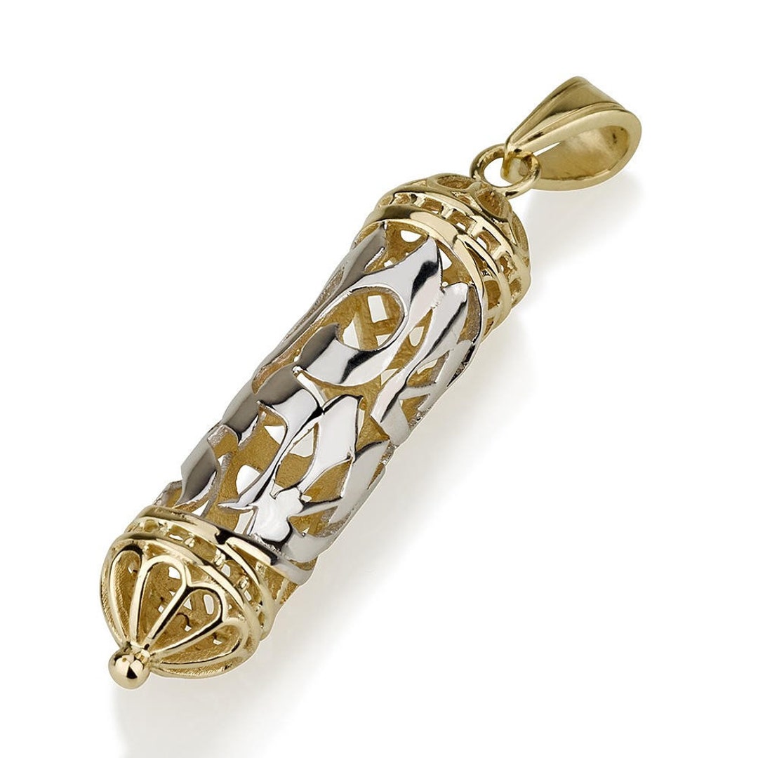 Mezuzah Pendant With Shema Israel 14K Dual Tone Gold, Jewish Necklace
