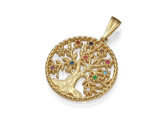 Colorful Tree of Life Pendant in 14k Gold with Natural Gemstones, Yellow Gold Tree of Knowledge Charm, Etz Chaim Jewish Jewelry from Israel