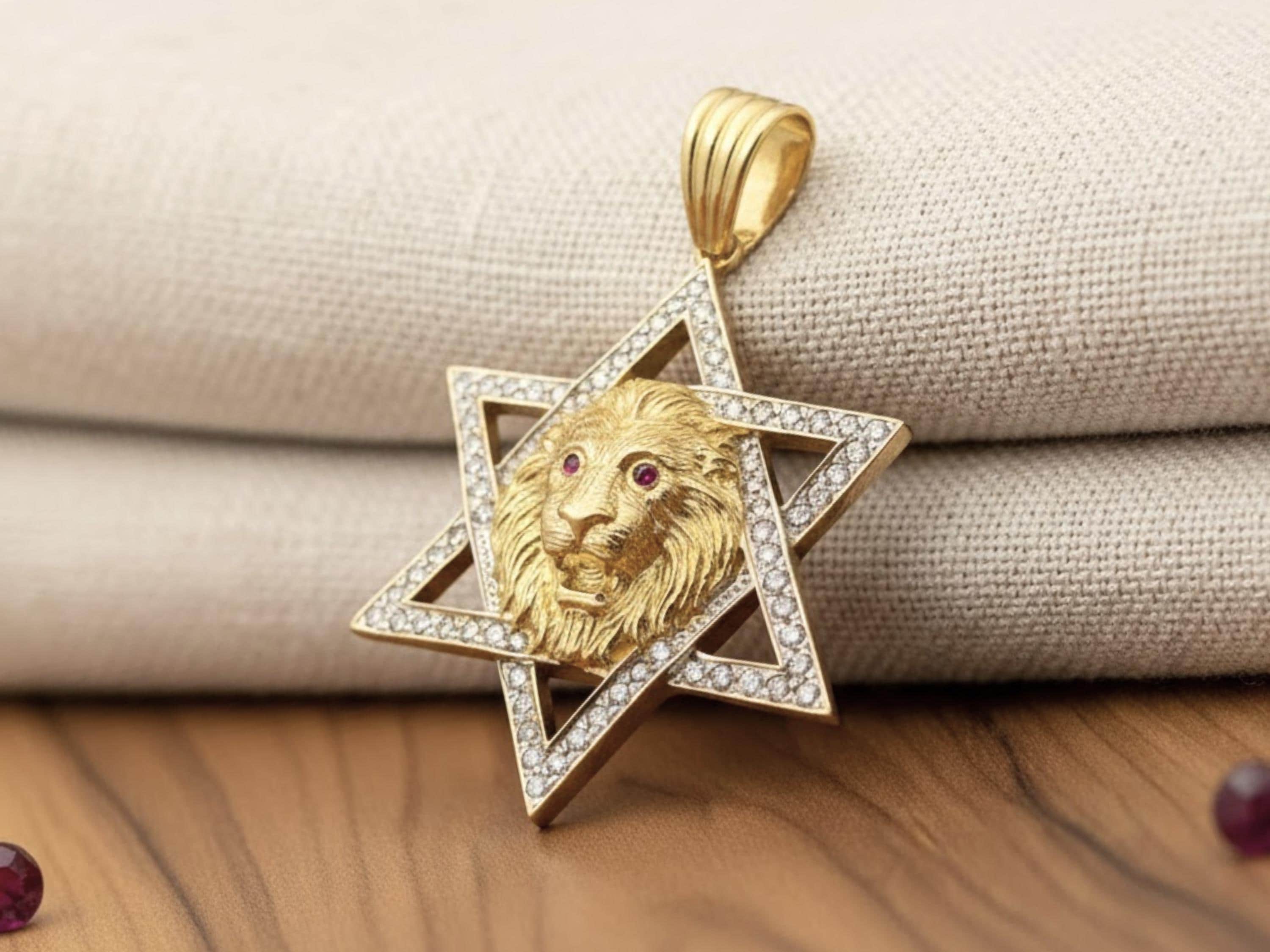 Rising Lion of Judah and Star of David Large Pendant in 14K Gold