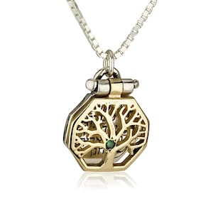 Kabbalah Tree of Life Priestly Blessing Necklace, 14K Gold 5 Metals with Emerald, Classic Jewish Kabbala Pendant, Tree of Knowledge Gift