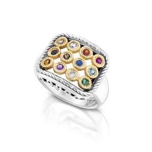 Silver and Gold Hoshen Ring, Twelve Tribes of Israel Ring, 12 Gemstone Ring, Symbolic Jewish Ring, Choshen Ring, Biblical Jewelry